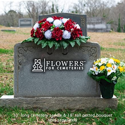 Silky Flower Store Sympathy Silks Artificial Cemetery Flowers, Two Tone Dark Red Rose White Mum Saddle Headstone 20.5cm 11 11 Product: Sympathy Silks Artificial Cemetery Flowers - Realistic - Outdoor Grave Decorations - Non-Bleed Colors, and Easy Fit - Two Tone Dark Red Rose with White Mum Saddle for Headstone