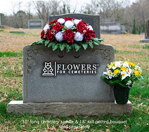 Silky Flower Store Sympathy Silks Artificial Cemetery Flowers, Two Tone Dark Red Rose White Mum Saddle Headstone 20.5cm 2 2 Product: Sympathy Silks Artificial Cemetery Flowers - Realistic - Outdoor Grave Decorations - Non-Bleed Colors, and Easy Fit - Two Tone Dark Red Rose with White Mum Saddle for Headstone