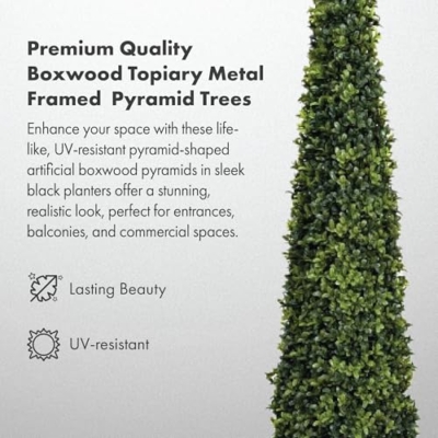 Product: GreenBrokers 2 x Artificial Boxwood Topiary Pyramid Trees in Black Square Planter (4ft/120cm), Wood, Green