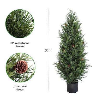 Product: UV Resistant 3ft Artificial Cedar Topiary Trees Faux Cedar Bush with Pine Cone Indoor&Outdoor use for Garden Decor(Set of 2)