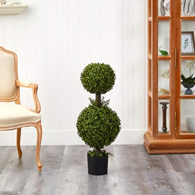 Product: Nearly Natural 35IN Artificial Double Boxwood Topiary Ball Tree, Fake Topiary Plant for Indoor Home Décor in Black Nursery Planter