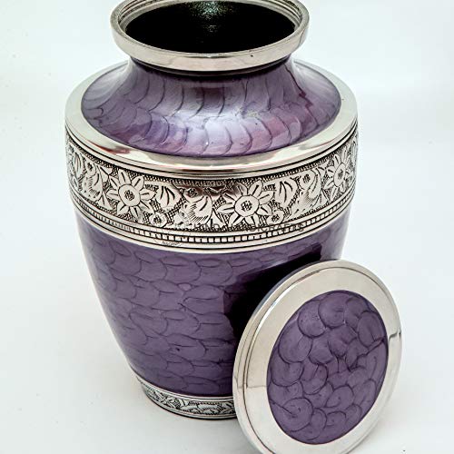 Silky Flower Store Silver Engraved Cremation Urn for Human Ashes, Handcrafted Pearl Purple, Hind Handicrafts, 7x7x10in, 200 Cubic Inches 1 1 Product: Silver Engraved Cremation Urn for Human Ashes Adult Funeral Urn Handcrafted - Large Burial Urn for Human Ashes - Bag Included (7" x 7" x 10" - 200 bs or 90 kg, Pearl Purple)