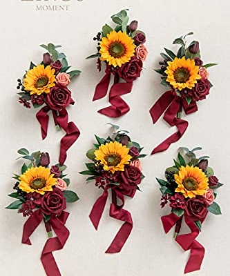 Silky Flower Store Artificial Sunflower Bridesmaid Bouquet, Burgundy Sunflower Bridal Posy, Ling's Moment Set of 6, 7 Inch 7 7 Product: Ling's Moment Artificial Flowers Sunflower Bridesmaid Bouquet Set of 6, Burgundy & Sunflower Wedding Flowers Bouquets for Bridesmaids, 7 Inch Bridal Bouquets for Bridesmaids, Wedding, etc
