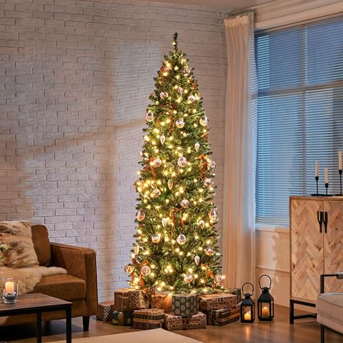 Silky Flower Store 7.5ft Pre-lit Kingswood Fir Pencil Artificial Christmas Tree, 350 Warm White Lights, Foldable Stand, Green, 7.5ft 1 1 Product: Yaheetech 7.5ft Pre-lit Kingswood Fir Pencil Artificial Hinged Christmas Tree Skinny Corner Xmas Tree with 350 Incandescent Warm White Lights Prelighted Xmas Tree with Foldable Stand, Green