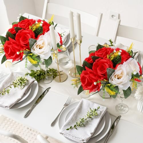 Product: Hotop 12 Pcs Flower Balls Wedding Rose Centerpieces Silk Flower Kissing Balls Arrangement Artificial Hydrangea Flower Bouquet Faux Rose Floral Decoration (Red,White)