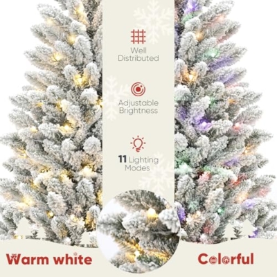 Silky Flower Store Slim Flocked Prelit Christmas Tree, 1200 Branch Tips, Warm White LED Lights, 7.5ft 12 12 Product: 7.5ft Slim Flocked Prelit Christmas Tree with 1200 Realistic Branch Tips - Easy Set-Up Artificial Pencil Tree