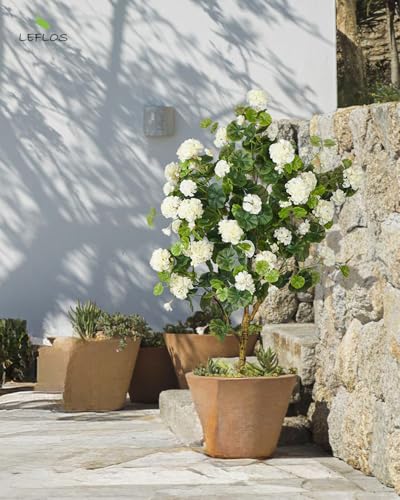 Product: Leflos 4.25ft Artificial Begonia Flower Tree, Faux Begonia Tree with 74 White Flowers, Fake Potted Blooming Floral Plant in White Pot Filled with Dry Moss for Home Indoor Decor