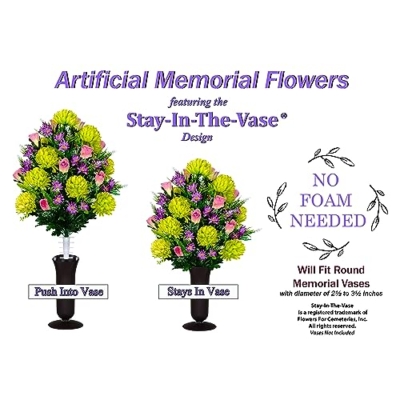 Product: Sympathy Silks Artificial Cemetery Flowers – Realistic Vibrant Roses, Outdoor Grave Decorations - Non-Bleed Colors, and Easy Fit - 1 Lime Mum and Lavender Rose Bouquet
