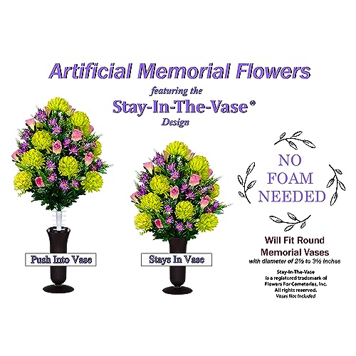 Product: Sympathy Silks Artificial Cemetery Flowers – Realistic Vibrant Roses, Outdoor Grave Decorations - Non-Bleed Colors, and Easy Fit - 1 Lime Mum and Lavender Rose Bouquet