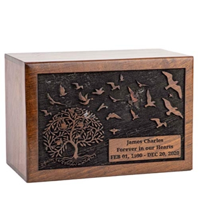 Product: INTAJ Cremation Urn for Human Ashes Adult Male Female - Tree of Life Wooden Box Urn for Ashes - Handmade Decorative Funeral Urn (Customised Tree Birds, L (9x6x5) 185 Cu/in)