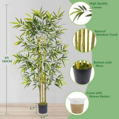 Product: Warmplants Artificial Bamboo Tree, 6ft Tall Natural Bamboo Trunk Fake Greenery Plant with Basket, Indoor Outdoor Large Silk Leaves Faux Tree for Home Office Décor