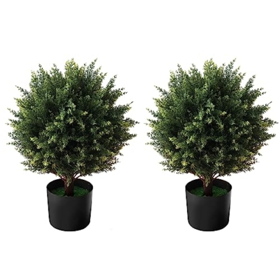 Product: AUMMOOH Boxwood Artificial Cedar Topiary Ball Trees – Decorative Fake Greenery in Planter Pots for Front Porch, Outdoor Walkway, Entryway Decorating, Set of 2