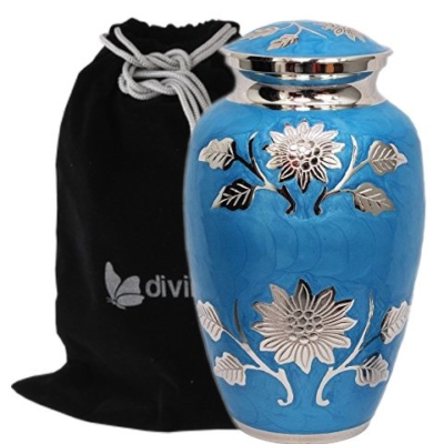 Product: Divinityurns Embossed Sunflower Blue Cremation Urn - Solid Brass Florentine Blue Urn - Handcrafted Adult Funeral Urn for Human Ashes - Affordable Large Urn