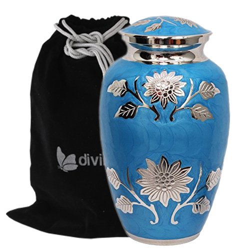 Product: Divinityurns Embossed Sunflower Blue Cremation Urn - Solid Brass Florentine Blue Urn - Handcrafted Adult Funeral Urn for Human Ashes - Affordable Large Urn