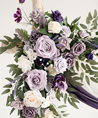 Silky Flower Store Purple Lilac Artificial Wedding Arch Flowers Kit, Hanging Flower Arrangement, Chiffon Drapes, Wedding Backdrop Décor, 4 Pack 32.5cm 8 8 Product: Ling's Moment Purple Lilac Artificial Wedding Arch Flowers Kit Pack of 4, 2pcs Hanging Flower Arrangement 2pcs Chiffon Drapes Ceremony Reception Fake Rose Arbor Backdrop Floral Party Outdoor Decor