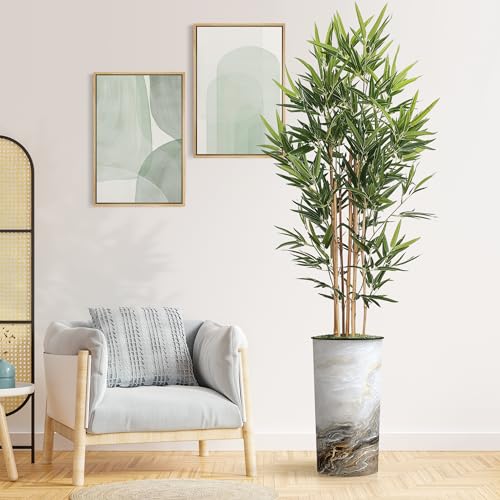 Product: Artificial Tree in Modern Granite Effect Planter, Fake Bamboo Silk Tree for Indoor and Outdoor Home Decoration - 70" Overall Tall (Plant Pot Plus Tree)