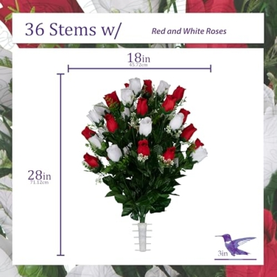 Silky Flower Store Sympathy Silks Artificial Cemetery Flowers, Gravesite Flowers, Red and White Roses, 20.5cm 12 12 Product: Sympathy Silks Artificial Cemetery Flowers - Gravesite Flowers - Red and White Roses