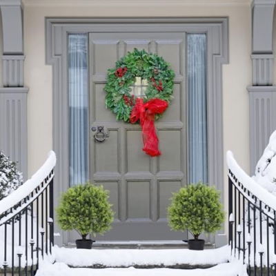 Product: 2ft Artificial Topiary Ball Trees Set of 2 - Faux Cedar Sphere Plants for Outdoor Decor