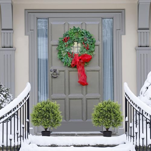 Product: 2ft Artificial Topiary Ball Trees Set of 2 - Faux Cedar Sphere Plants for Outdoor Decor