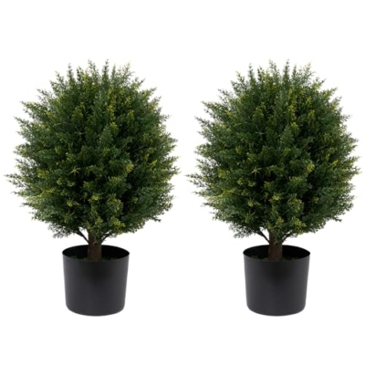 Product: Artificial Cedar Topiary Ball Tree Two 22''T Artificial Shrub Plants UV Resistant Potted Bushes for Front Porch Home Garden Indoor Outdoor