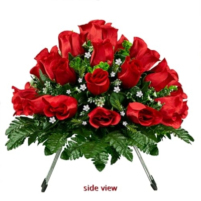 Silky Flower Store Artificial Cemetery Flowers, Sympathy Silks Mothers Day Flowers, 30 Ruby Red Roses Headstone Saddle, 3 to 9 30cm 14 14 Product: Sympathy Silks Artificial Cemetery Flowers - Mothers Day Flowers - 30" Ruby Red Roses Saddle for Headstone Decoration