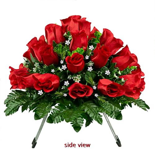 Silky Flower Store Artificial Cemetery Flowers, Sympathy Silks Mothers Day Flowers, 30 Ruby Red Roses Headstone Saddle, 3 to 9 30cm 6 6 Product: Sympathy Silks Artificial Cemetery Flowers - Mothers Day Flowers - 30" Ruby Red Roses Saddle for Headstone Decoration