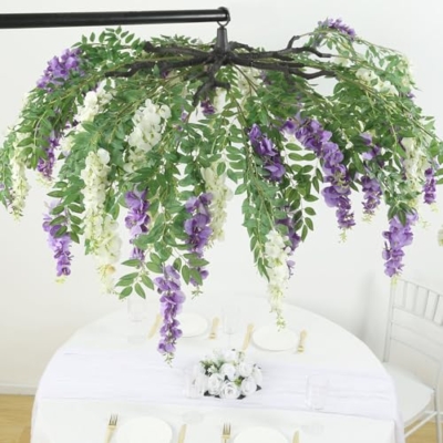 Silky Flower Store Artificial Silk Wisteria Vine Hanging Garland, Cream Purple Faux Floral Chandelier, 55cm 10 10 Product: Efavormart Cream Purple Artificial Silk Wisteria Vine Round Hanging Canopy, Draping Garland Flower Chandelier with Interchangeable Branches 55"