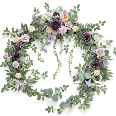 Product: Ling's Moment 9FT Eucalyptus and Willow Leaf Garland with White Flower, Handcrafted Wedding Sweetheart Table Centerpieces Head Table Decor Arch Backdrop Decorations for Wedding | Lavender Purple
