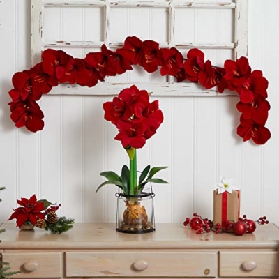 Silky Flower Store Artificial Amaryllis Silk Garland, Red Crimson Floral Mantel Decor, Nearly Natural 5ft 60H x 5W x 5D 10 10 Product: Nearly Natural 4549 5' Amaryllis Silk Garland, Red