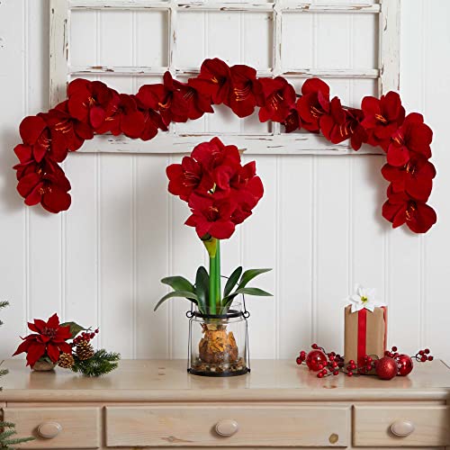 Silky Flower Store Artificial Amaryllis Silk Garland, Red Crimson Floral Mantel Decor, Nearly Natural 5ft 60H x 5W x 5D 4 4 Product: Nearly Natural 4549 5' Amaryllis Silk Garland, Red