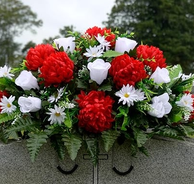 Product: Sympathy Silks Artificial Cemetery Flowers - Outdoor Grave Decorations - Christmas Decor - 1 Red Mum and White Rose Saddle for Headstone