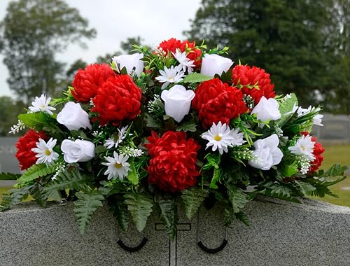 Product: Sympathy Silks Artificial Cemetery Flowers - Outdoor Grave Decorations - Christmas Decor - 1 Red Mum and White Rose Saddle for Headstone