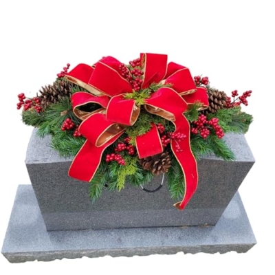 Product: Headstone Saddle with Red Berries, Pinecones, and Red Velvet Ribbon - Christmas Memorial Decoration - Artificial Grave Flowers