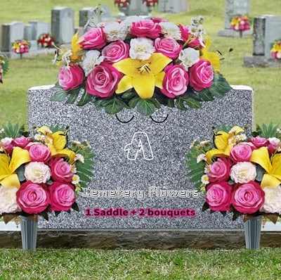 Product: AILVEMEE 3 PCS Artificial Cemetery Flowers Set with Vase - Pink Rose, Lily & Carnation Headstone Flower Saddle for Graves