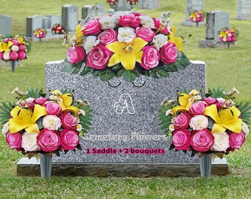 Product: AILVEMEE 3 PCS Artificial Cemetery Flowers Set with Vase - Pink Rose, Lily & Carnation Headstone Flower Saddle for Graves