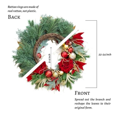 Silky Flower Store 24 Inch Christmas Wreath for Front Door, Outdoor Wreath with Lights, Pinecone, White Berries, Silver Ornaments, Yellow, 24in 8 8 Product: Christmas Wreath for Front Door–24Inch Outdoor Christmas Door Wreath with Lights,Xmas Wreath Classic Pinecone,White Berries and Silver Ornaments Design, Christmas Outdoor Wreath Decor (Yellow)