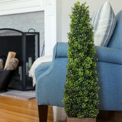 Product: 2.8ft Artificial Boxwood Topiary Tree with Wooden Pots - Perfect Outdoor Decor