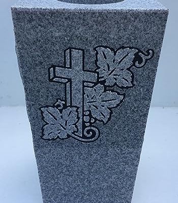 Product: Granite Memorial Vase with Design Tapered (5"x4"x9") Gray