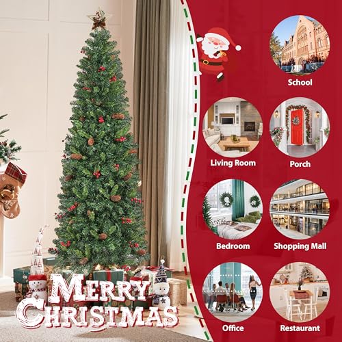 Silky Flower Store Pre Lit Slim Pencil Spruce Christmas Tree, Warm White Lights, Pine Cones, Metal Base, 7.5ft 7 7 Product: Yaheetech 7.5ft Pre-lit Pencil Spruce Christmas Tree, Artificial Slim Xmas Fir, Pre-Decorated for Home, Office, Party, Holiday Decor W/ 948 Tips, 350 Lights, Pine Cones, Metal Hinges & Base, Green