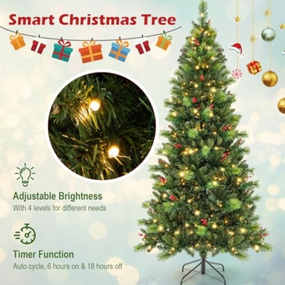 Product: HOMGX 7ft Pre-Lit Christmas Tree with 400 Multi-Color LED Lights, Hinged Xmas Pine Tree w/ 974 PVC Branch Tips, 36 Red Berries, Remote & Timer, 9 Lighting Modes Artificial Christmas Tree