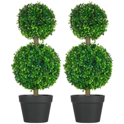 Product: HOMCOM Set of 2 23.5" Artificial Ball Boxwood Topiary Trees with Pot, Indoor Outdoor Fake Plants for Home Office & Living Room Decor