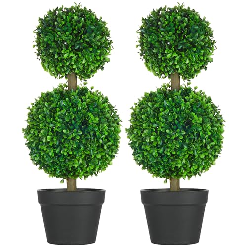 Product: HOMCOM Set of 2 23.5" Artificial Ball Boxwood Topiary Trees with Pot, Indoor Outdoor Fake Plants for Home Office & Living Room Decor