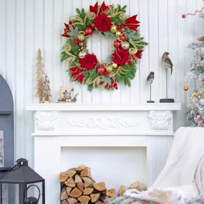 Silky Flower Store 24 Inch Christmas Wreath for Front Door, Outdoor Wreath with Lights, Pinecone, White Berries, Silver Ornaments, Yellow, 24in 11 11 Product: Christmas Wreath for Front Door–24Inch Outdoor Christmas Door Wreath with Lights,Xmas Wreath Classic Pinecone,White Berries and Silver Ornaments Design, Christmas Outdoor Wreath Decor (Yellow)