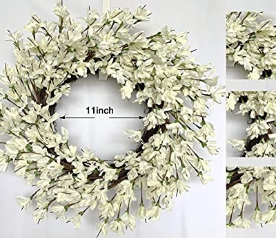 Silky Flower Store 24 Inch Forsythia Wreath, White Cream Artificial Spring Summer Front Door Decor, 24 Inch 7 7 Product: Summer Wreath for Front Door, 24 Inch White Cream Forsythia Summer Spring Wreath Blossom Cluster Flower Farmhouse on Grapevine for Christmas Festival Celebration Front Door Wall Window Hanging Décor