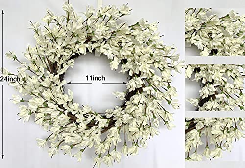 Silky Flower Store 24 Inch Forsythia Wreath, White Cream Artificial Spring Summer Front Door Decor, 24 Inch 1 1 Product: Summer Wreath for Front Door, 24 Inch White Cream Forsythia Summer Spring Wreath Blossom Cluster Flower Farmhouse on Grapevine for Christmas Festival Celebration Front Door Wall Window Hanging Décor