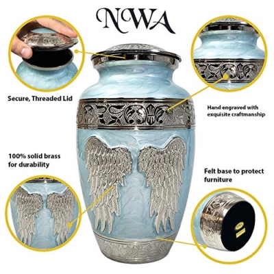 Product: Blue Angel Funeral Cremation Urn, Brass Large Angel Wings Urn with Custom Engraving