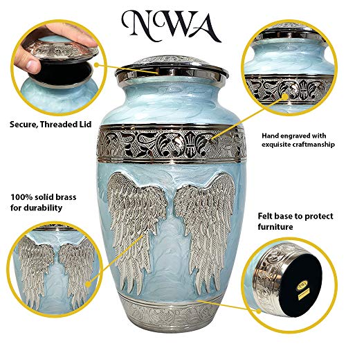 Product: Blue Angel Funeral Cremation Urn, Brass Large Angel Wings Urn with Custom Engraving