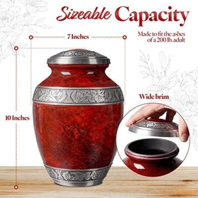 Product: GSM Brands Cremation Urn for Adult Human Ashes - Large Handcrafted Funeral Memorial, Red Color (Aluminum - 9.6 x 6.8)
