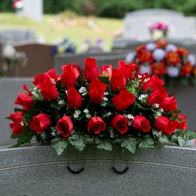 Silky Flower Store Artificial Cemetery Flowers, Sympathy Silks Mothers Day Flowers, 30 Ruby Red Roses Headstone Saddle, 3 to 9 30cm 15 15 Product: Sympathy Silks Artificial Cemetery Flowers - Mothers Day Flowers - 30" Ruby Red Roses Saddle for Headstone Decoration