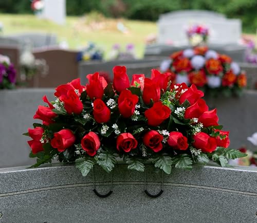 Silky Flower Store Artificial Cemetery Flowers, Sympathy Silks Mothers Day Flowers, 30 Ruby Red Roses Headstone Saddle, 3 to 9 30cm 7 7 Product: Sympathy Silks Artificial Cemetery Flowers - Mothers Day Flowers - 30" Ruby Red Roses Saddle for Headstone Decoration